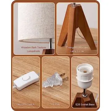 EDISHINE Tripod Table Lamp, Small Cute Bedside Lamp with Linen Beige Lampshade, Nightstand Lamp for Nursery, Bedroom, Kid Room, Living Room, Light Brown Wooden Base, E26 Socket, 14.2 Inch