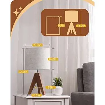 EDISHINE Tripod Table Lamp, Small Cute Bedside Lamp with Linen Beige Lampshade, Nightstand Lamp for Nursery, Bedroom, Kid Room, Living Room, Light Brown Wooden Base, E26 Socket, 14.2 Inch