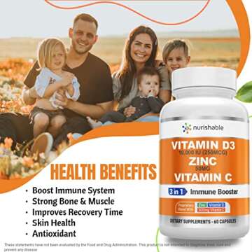 Zinc Supplements - Zinc 50mg with Vitamin D3 10000 IU & Vitamin C 500mg – Potent 3 in 1 Immune Support Supplement for Healthy Bone, Muscle Function & Growth - No Filler & Stearate - Packaging May Vary