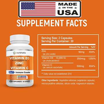 Zinc Supplements - Zinc 50mg with Vitamin D3 10000 IU & Vitamin C 500mg – Potent 3 in 1 Immune Support Supplement for Healthy Bone, Muscle Function & Growth - No Filler & Stearate - Packaging May Vary