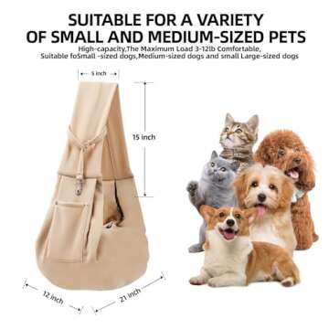 Dog Carrier Sling - Reversible Puppy Carrier Purse with Storage Pocket, Hand-Free Dog Sling Carrier for Carry Small Dogs and Cats, Travel Safety Harness, Dog and Cat Harness (Apricot)