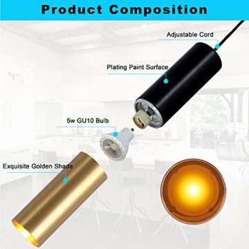 Omgomne Modern Mini Pendant Light Set of 3, Metal Gold Black Pendant Ceiling Lamps Fixture with LED Bulb Hanging Light for Kitchen Island Living Room Bedroom Cafe Bar