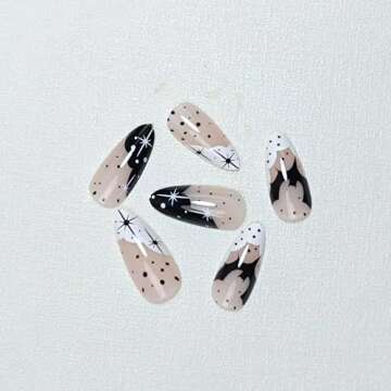 Halloween Press on Nails Medium Almond Fake Nails Black White French Tip Nail Press ons Glossy False Nails with Bat Design Glue on Nails Acrylic Full Cover Stick on Nails for Women Girls Manicure