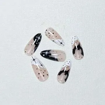 Halloween Press on Nails Medium Almond Fake Nails Black White French Tip Nail Press ons Glossy False Nails with Bat Design Glue on Nails Acrylic Full Cover Stick on Nails for Women Girls Manicure