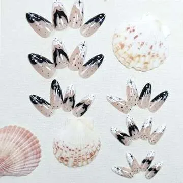 Halloween Press on Nails Medium Almond Fake Nails Black White French Tip Nail Press ons Glossy False Nails with Bat Design Glue on Nails Acrylic Full Cover Stick on Nails for Women Girls Manicure