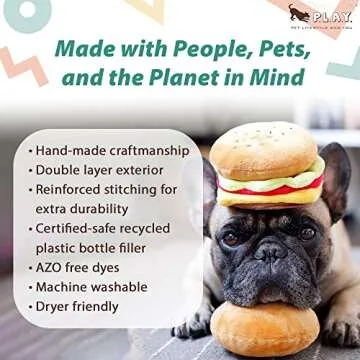 P.L.A.Y. Pet American Classic Plush - Hamburger. Handmade Craftsmanship with Triple Stitched Edges for Durability