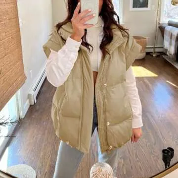 Songling Womens Oversized Puffer Vest Stand Collar Full Zip Sleeveless Bubble Puffer Vest Quilted Padded Warm Coat Outwear (Khaki,XL)