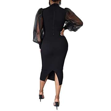 Women's Casual Bodycon Dress Long Puff Sleeve Mock Neck Clubwear Midi Business Pencil Dress Black-a