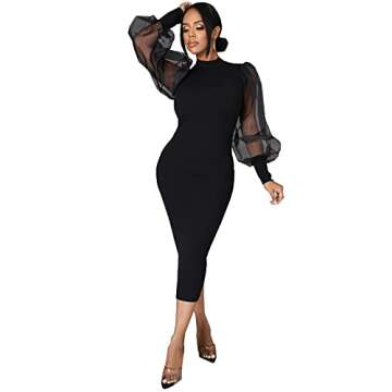 Women's Casual Bodycon Dress Long Puff Sleeve Mock Neck Clubwear Midi Business Pencil Dress Black-a