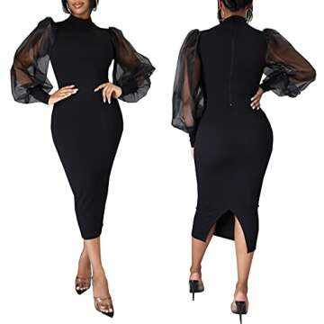 Women's Casual Bodycon Dress Long Puff Sleeve Mock Neck Clubwear Midi Business Pencil Dress Black-a