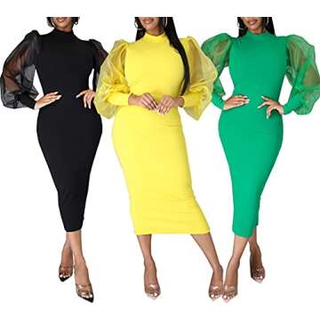 Women's Casual Bodycon Dress Long Puff Sleeve Mock Neck Clubwear Midi Business Pencil Dress Black-a