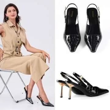 iiimmu Black Heels Faux Crocodile Closed Toe 3.5 in Stiletto Kitten Heels Pumps, Slingback Heels for Women Evening Dress Shoes, Size 10