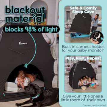 hiccapop Blackout Tent for Pack and Play, Patented Portable Crib Tent, Blackout Canopy Crib Cover, Sleep Pod for Kids, Pack and Play Tent, Black