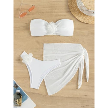 BEAUDRM Women's 3 Piece Flower Bikini Set for Summer Fun