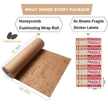 Ardently Love Honeycomb Packing Paper with Fragile Stickers for Safe Shipping and Moving 15" x 162'