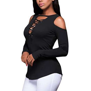 Women's Sexy V-Neck Cold Shoulder Long Sleeve Blouse Shirt Slim Lace-Up Ribbed Stretchy T-Shirt Top ...