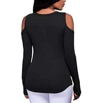 Women's Sexy V-Neck Cold Shoulder Long Sleeve Blouse Shirt Slim Lace-Up Ribbed Stretchy T-Shirt Top (Black,XL)