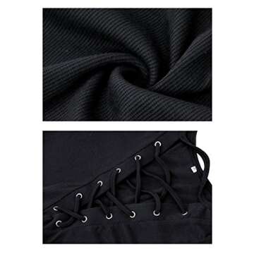 Women's Sexy V-Neck Cold Shoulder Long Sleeve Blouse Shirt Slim Lace-Up Ribbed Stretchy T-Shirt Top (Black,XL)