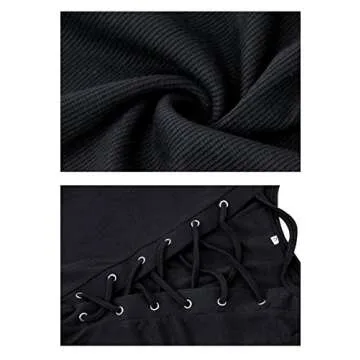 Women's Sexy V-Neck Cold Shoulder Long Sleeve Blouse Shirt Slim Lace-Up Ribbed Stretchy T-Shirt Top (Black,XL)