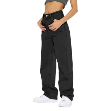 Cicy Bell Women's High Waisted Boyfriend Jeans Baggy Straight Leg Casual Denim Pants Black