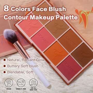 8 Colors Face Matte Blush Palette Shading Blusher with Brush - Buildable Facial Cheek Blusher Contou...