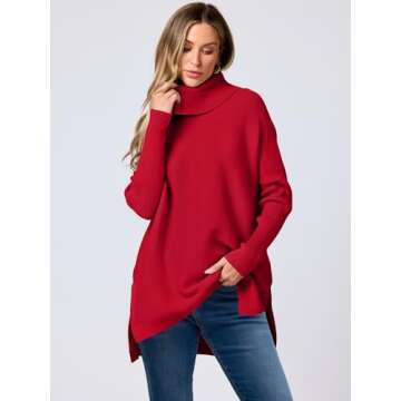 ANRABESS Women's Oversized Turtleneck Batwing Sleeve Spilt Casual Loose Knit Tunic Pullover Sweater Tops 2025 Fall Outfits Red Large