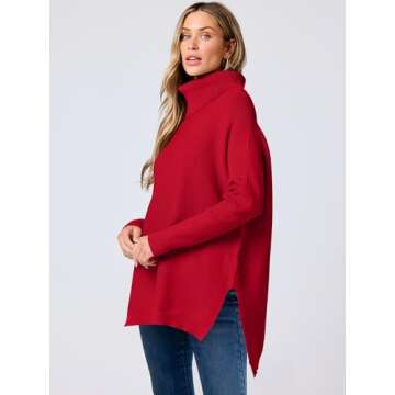 ANRABESS Women's Oversized Turtleneck Batwing Sleeve Spilt Casual Loose Knit Tunic Pullover Sweater Tops 2025 Fall Outfits Red Large