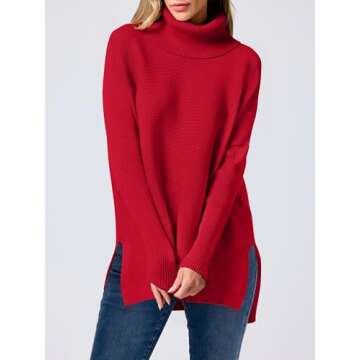 ANRABESS Women's Oversized Turtleneck Batwing Sleeve Spilt Casual Loose Knit Tunic Pullover Sweater Tops 2025 Fall Outfits Red Large