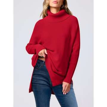 ANRABESS Women's Oversized Turtleneck Batwing Sleeve Spilt Casual Loose Knit Tunic Pullover Sweater Tops 2025 Fall Outfits Red Large