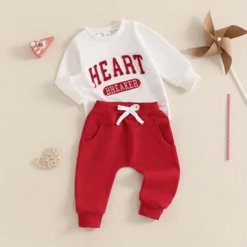 Newborn Valentines Day Outfit Boy Long Sleeve Letter Print Crewneck Sweatshirt Pants My First Valentines Day Baby Boy Outfit (V-White Red Heart,0-6 Months)