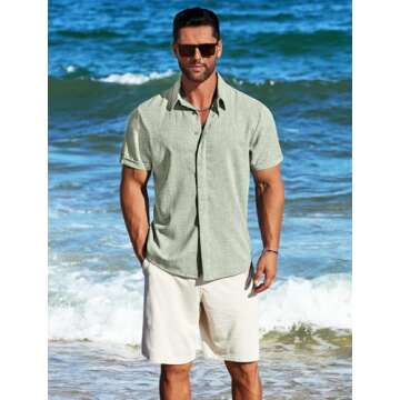 MAPICK Men's Linen Shirts Short Sleeve Casual Button Down Shirt Beach Wear Vacation Summer Clothing(A-Sage Green,XX-Large)