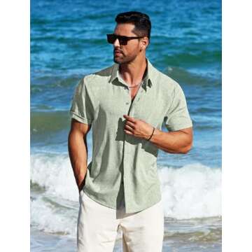 MAPICK Men's Linen Shirts Short Sleeve Casual Button Down Shirt Beach Wear Vacation Summer Clothing(A-Sage Green,XX-Large)