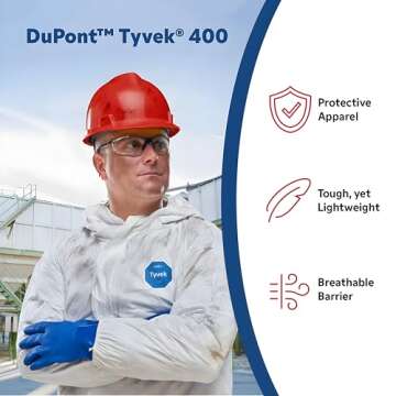 :DuPont Tyvek 400 TY122S Individually Packed Disposable Protective Coverall with Elastic Cuffs, Attached Hood and Boots, White, Large