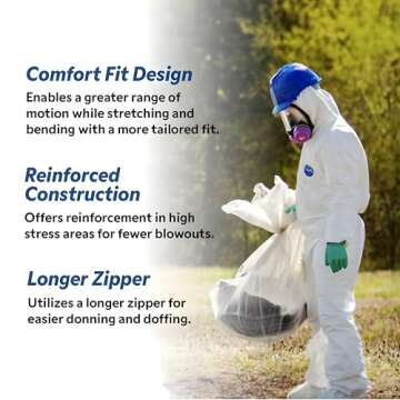 :DuPont Tyvek 400 TY122S Individually Packed Disposable Protective Coverall with Elastic Cuffs, Attached Hood and Boots, White, Large