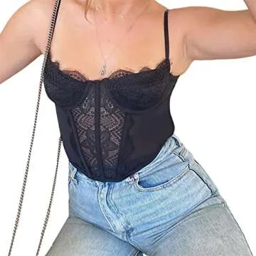 NUFIWI Lace Corset Tops for Women Patchwork V Neck Cami Top Spaghetti Strap Push Up Bustier Aesthetic Summer Tops(A Lace Back,Small)