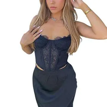 NUFIWI Lace Corset Tops for Women Patchwork V Neck Cami Top Spaghetti Strap Push Up Bustier Aesthetic Summer Tops(A Lace Back,Small)