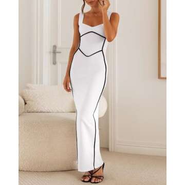 BTFBM Women Maxi Bodycon Dresses Square Neck Sleeveless Contrast Binding Split Cocktail Party Club Tank Long Dress 2024(Solid White, Small)