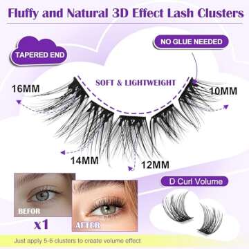 JoMay Self Adhesive Eyelashes Extension Kit – 48 Pre-Glued Cluster Lashes, D Curl, No Glue Needed,...