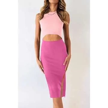 PRETTYGARDEN Women's Summer Midi Bodycon Dresses Casual Crew Neck Side Slit Sleeveless Knit Cut Out ...