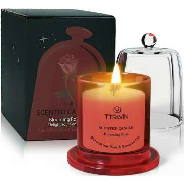 TTRWIN Rose Scented Candle, Natural Soy Wax, Red Rose Glass Jar with Bell Dome, 150g, 40H+ Long Last...