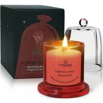 TTRWIN Rose Scented Candle, Natural Soy Wax, Red Rose Glass Jar with Bell Dome, 150g, 40H+ Long Lasting Aromatherapy Candle, Romantic Gift for Her Birthday, Valentine, Wedding, Christmas