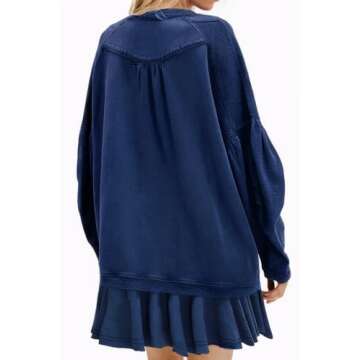 D-Sun Women Casual Oversized Sweatshirt Mini Dress V-Neck Ruffled Flowy Design - Chic Spring Fix in ...