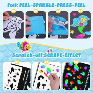 homicozy Art & Craft Activity for Kids - Foil Fun Mermaids & Scratch Art Book 2-in-1, No Mess Art Crafts for Girls,DIY Creative Activity Kit,Gifts for Girls Ages 4, 5, 6, 7, 8, 9, Travel Toys