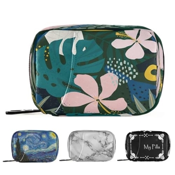 Naanle Hawaiian Palm Leaf Flower Pill Box 7 Day Pill Case Travel Pill Organizer Bag with Zipper Port...
