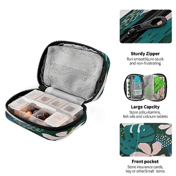 Naanle Hawaiian Palm Leaf Flower Pill Box 7 Day Pill Case Travel Pill Organizer Bag with Zipper Portable Weekly Case Compact Size for Vitamin Supplement Holder