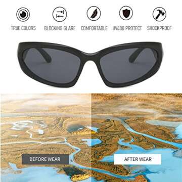 BAWUYI Fashion Y2K Wrap Around Sunglasses for Men Women 2000s Accessories Cool Cyber Glasses Biker Shades Shield (Black Frame-Grey Lens)