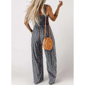 Dokotoo Womens Overalls Jumpsuits for Women Casual Loose Fit Solid Color Wide Leg One Piece Sleeveless Jumpsuit Printed Long Pant Rompers with Pocket Blue Medium