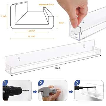 Baosia 2 Pack Invisible Acrylic Floating Bookshelf for Kids Room,15 inch Clear Nail Polish Rack Wall...