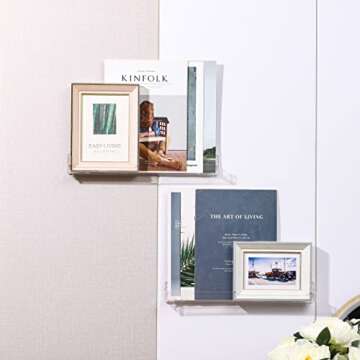 Baosia 2 Pack Invisible Acrylic Floating Bookshelf for Kids Room,15 inch Clear Nail Polish Rack Wall Mounted,Small Toy Storage Wall Shelf Modern Picture Ledge Vinyl Record Display Shelf Holder