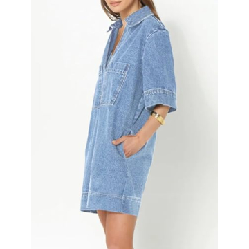 Fisoew Womens Denim Dress V Neck Collared Mini with Pockets